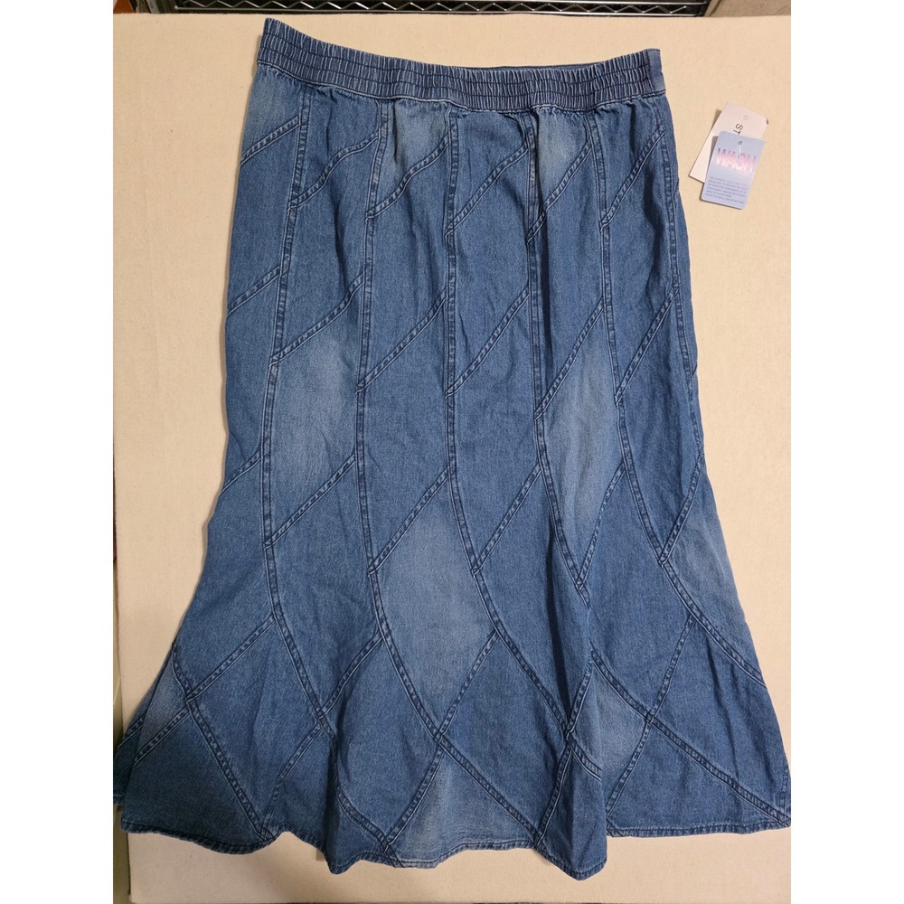 Studio West Women M Blue Medium Wash Denim Midi Godet Panel Skirt 86359 - Picture 2 of 10